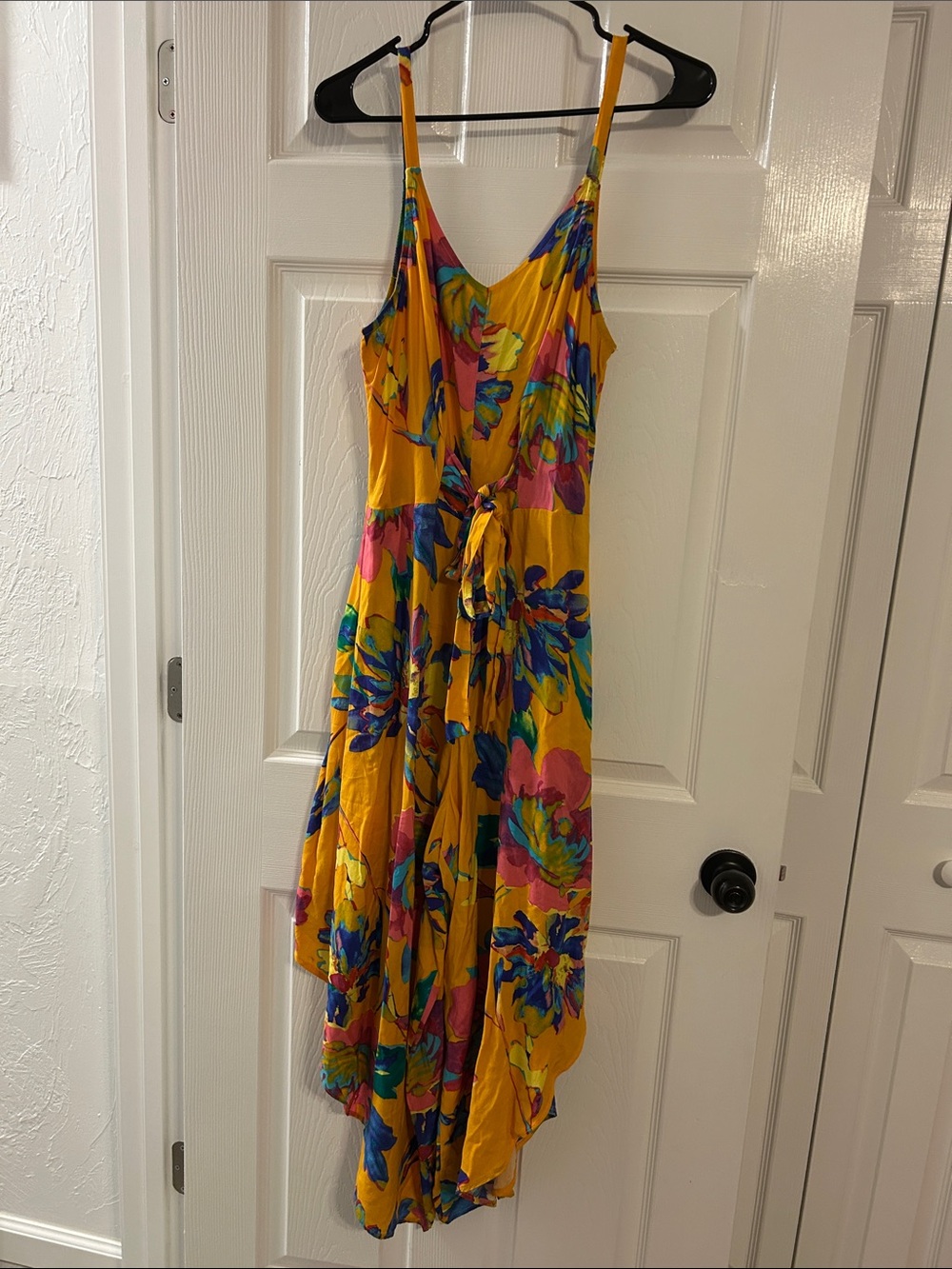 Yellow Floral Asymmetrical Slip Dress with Tie Waist